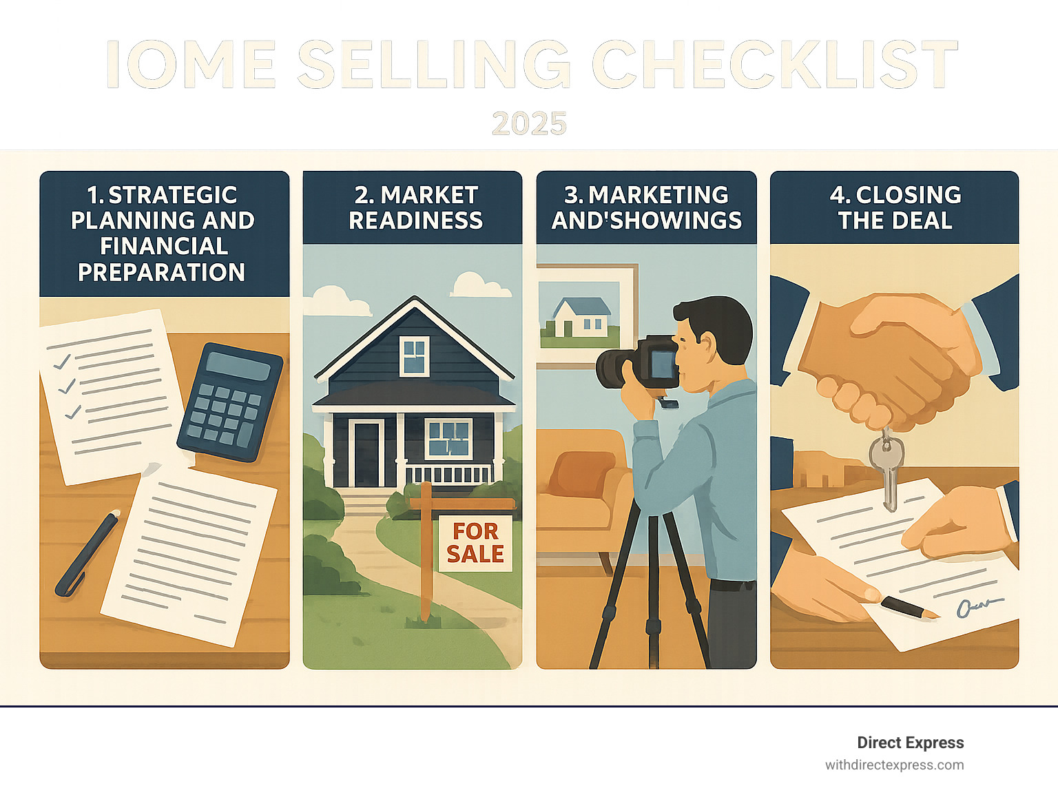 Comprehensive infographic showing the four main phases of selling a home: Strategic Planning and Financial Preparation with documents and calculator, Market Readiness with staging and curb appeal improvements, Marketing and Showings with professional photography and open house scenes, and Closing the Deal with contract signing and key handover - Home selling checklist infographic 