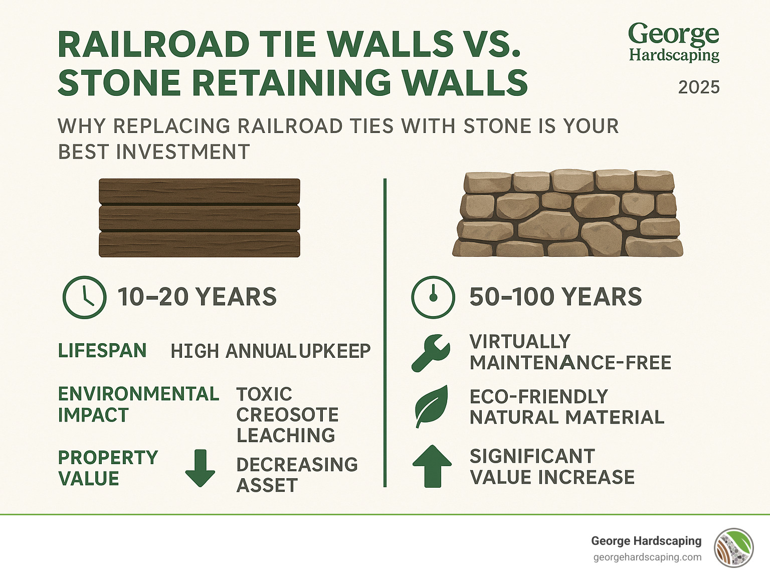 Infographic comparing railroad tie walls versus stone retaining walls showing lifespan differences (10-20 years vs 50-100 years), maintenance requirements (high annual upkeep vs virtually maintenance-free), environmental impact (toxic creosote leaching vs eco-friendly natural material), and property value impact (decreasing asset vs significant value increase) - replacing railroad ties with stone infographic 