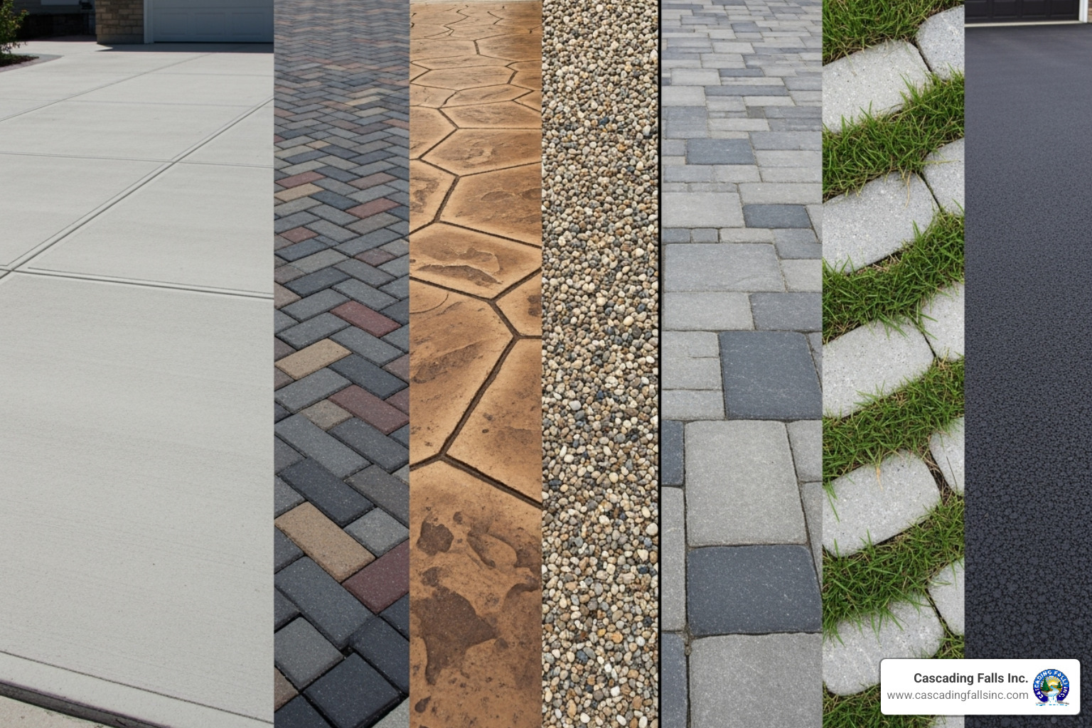 Collage showcasing different driveway materials: concrete, pavers, and decorative finishes - driveway company near me