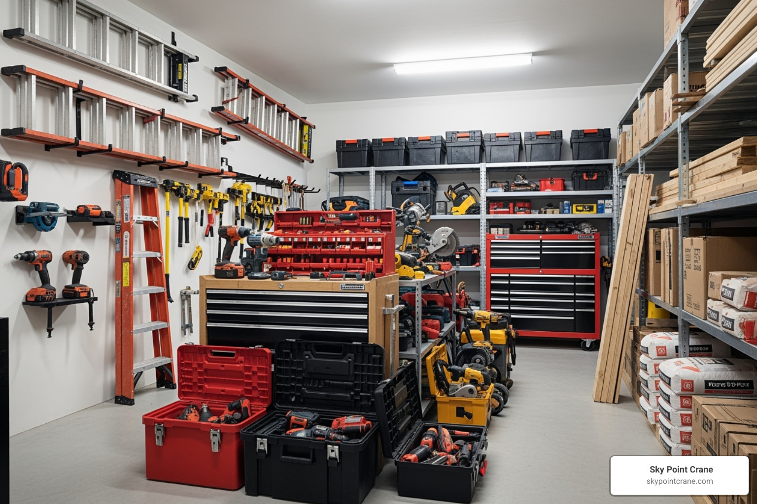 contractor's equipment neatly organized in a storage unit - commercial storage space