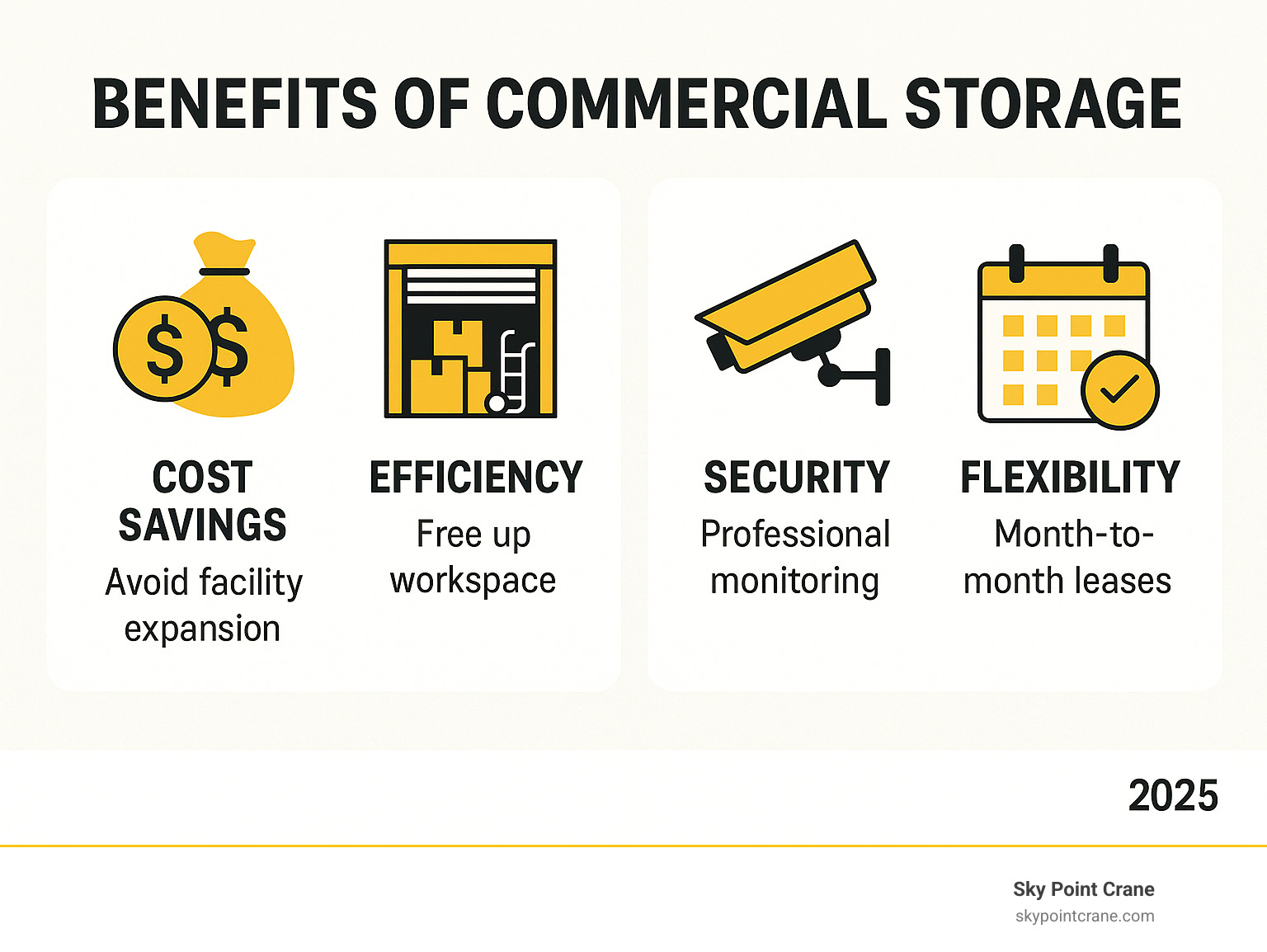 Infographic showing the four core benefits of commercial storage: cost savings through avoiding facility expansion, improved operational efficiency by freeing workspace, improved security with professional monitoring systems, and maximum flexibility with month-to-month lease options - commercial storage space infographic 