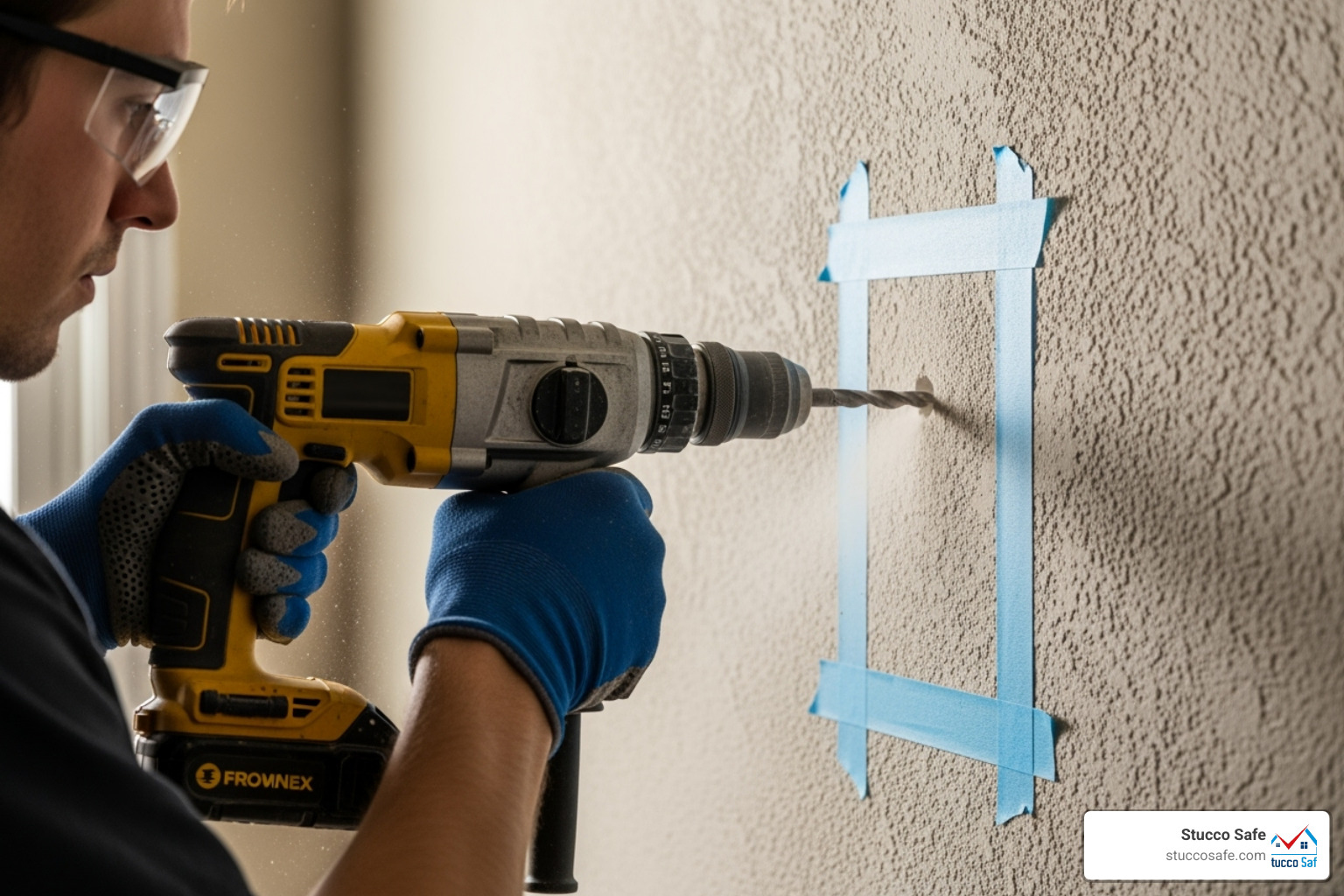 person drilling into a stucco wall using painter's tape to prevent chipping - does stucco make a good anchor person drilling into a stucco wall using painter's tape to prevent chipping - does stucco make a good anchor