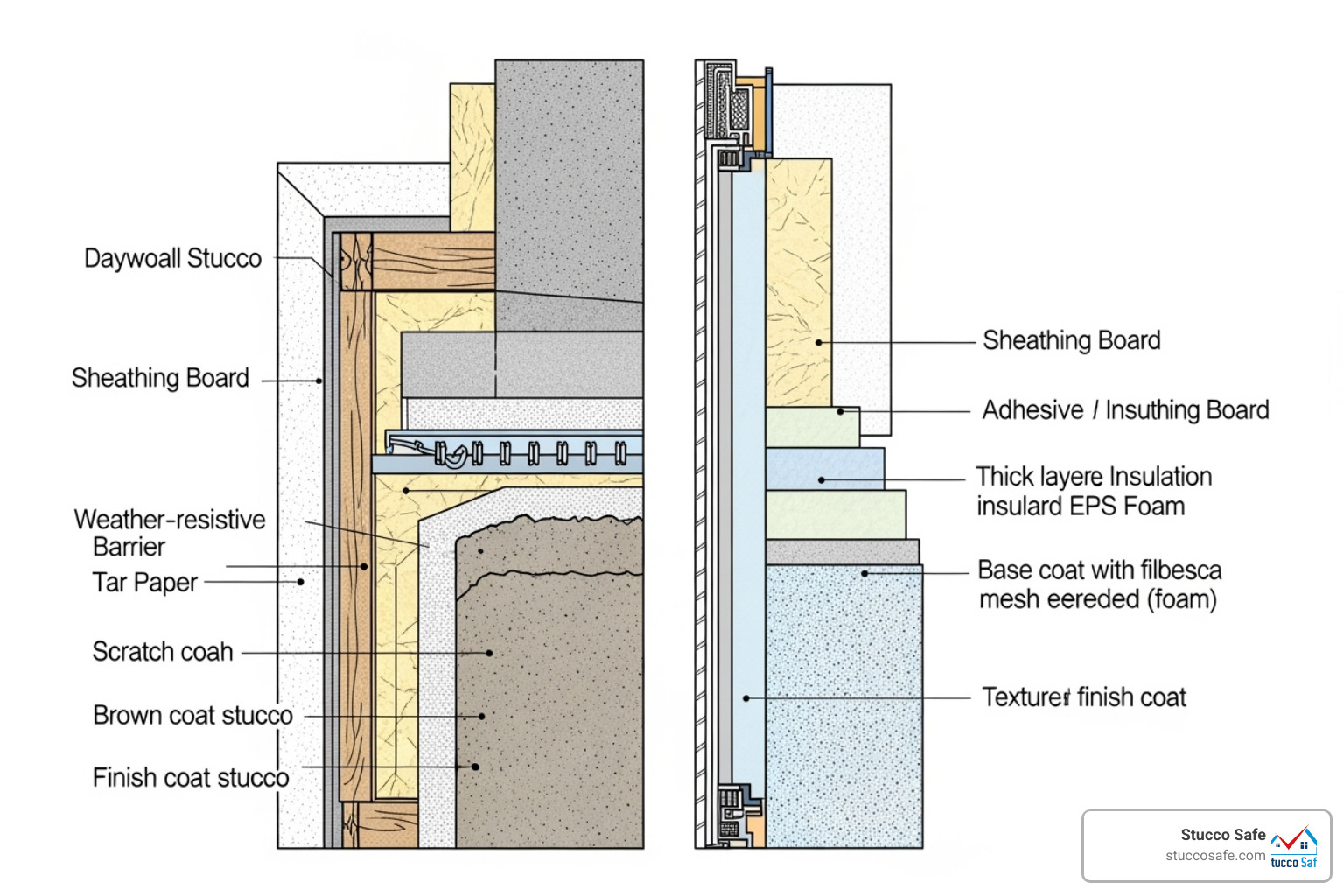 Cross-section of a traditional stucco wall vs. an EIFS wall - does stucco make a good anchor Cross-section of a traditional stucco wall vs. an EIFS wall - does stucco make a good anchor
