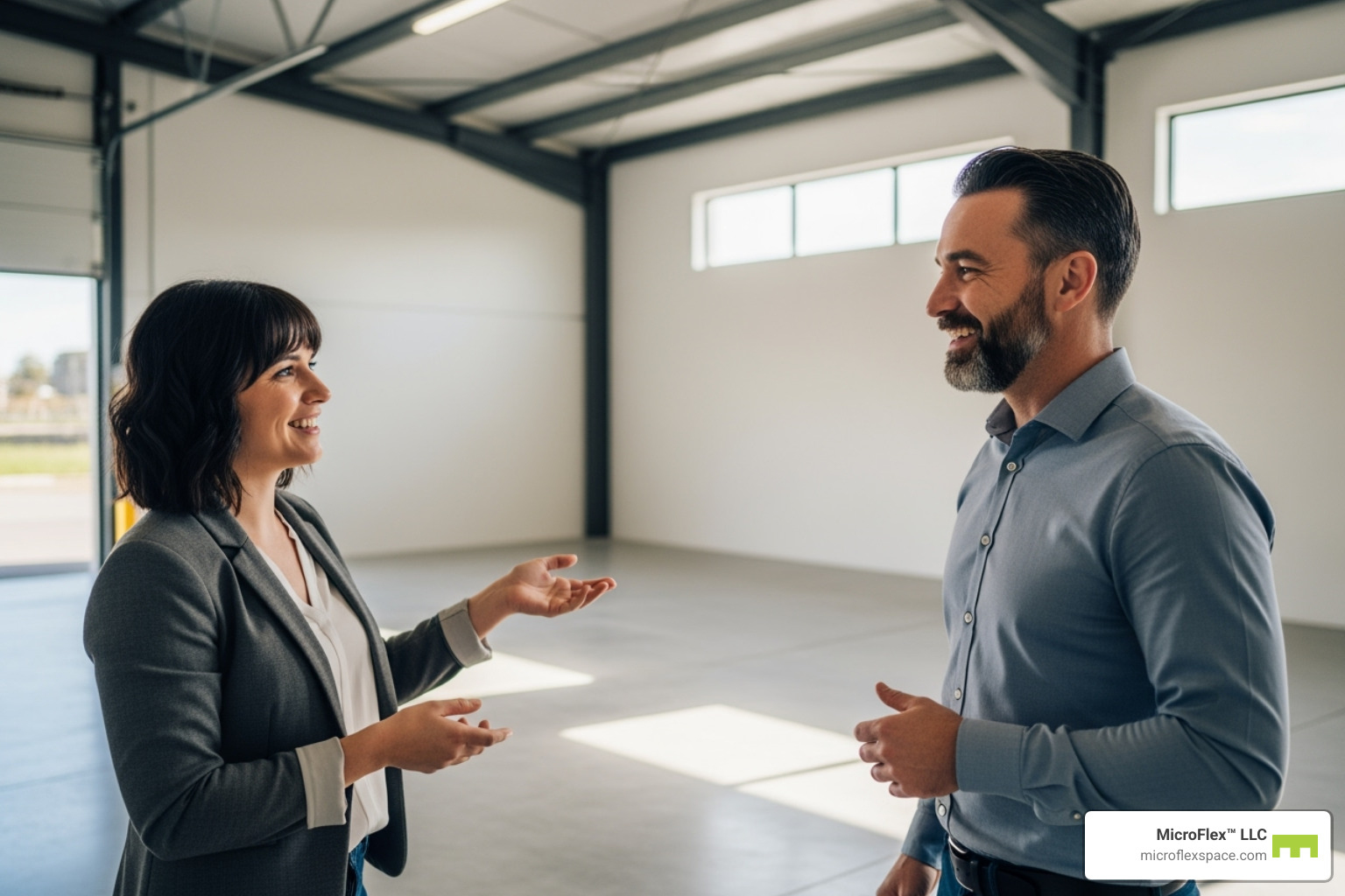 A business owner smiles confidently while touring an empty small warehouse unit with a friendly property manager, indicating a positive and productive interaction - Small warehouse for lease A business owner smiles confidently while touring an empty small warehouse unit with a friendly property manager, indicating a positive and productive interaction - Small warehouse for lease