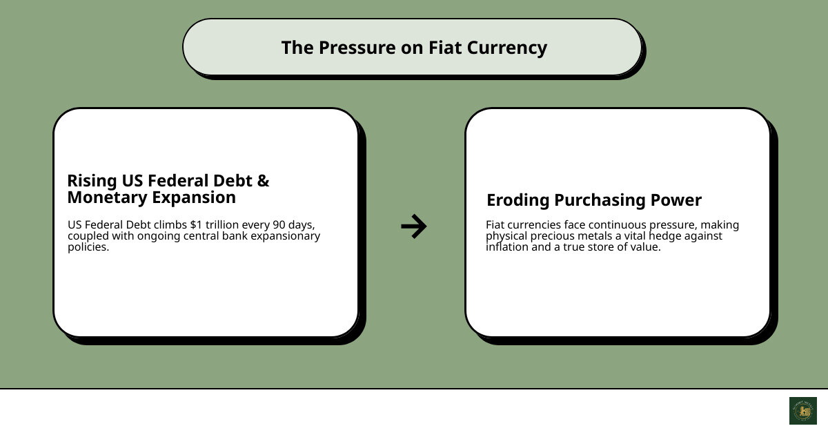 Infographic showing historical purchasing power comparison between gold and fiat currency over the past 100 years, demonstrating gold's wealth preservation capabilities during periods of currency debasement and inflation - precious metals portfolio infographic cause_effect_text