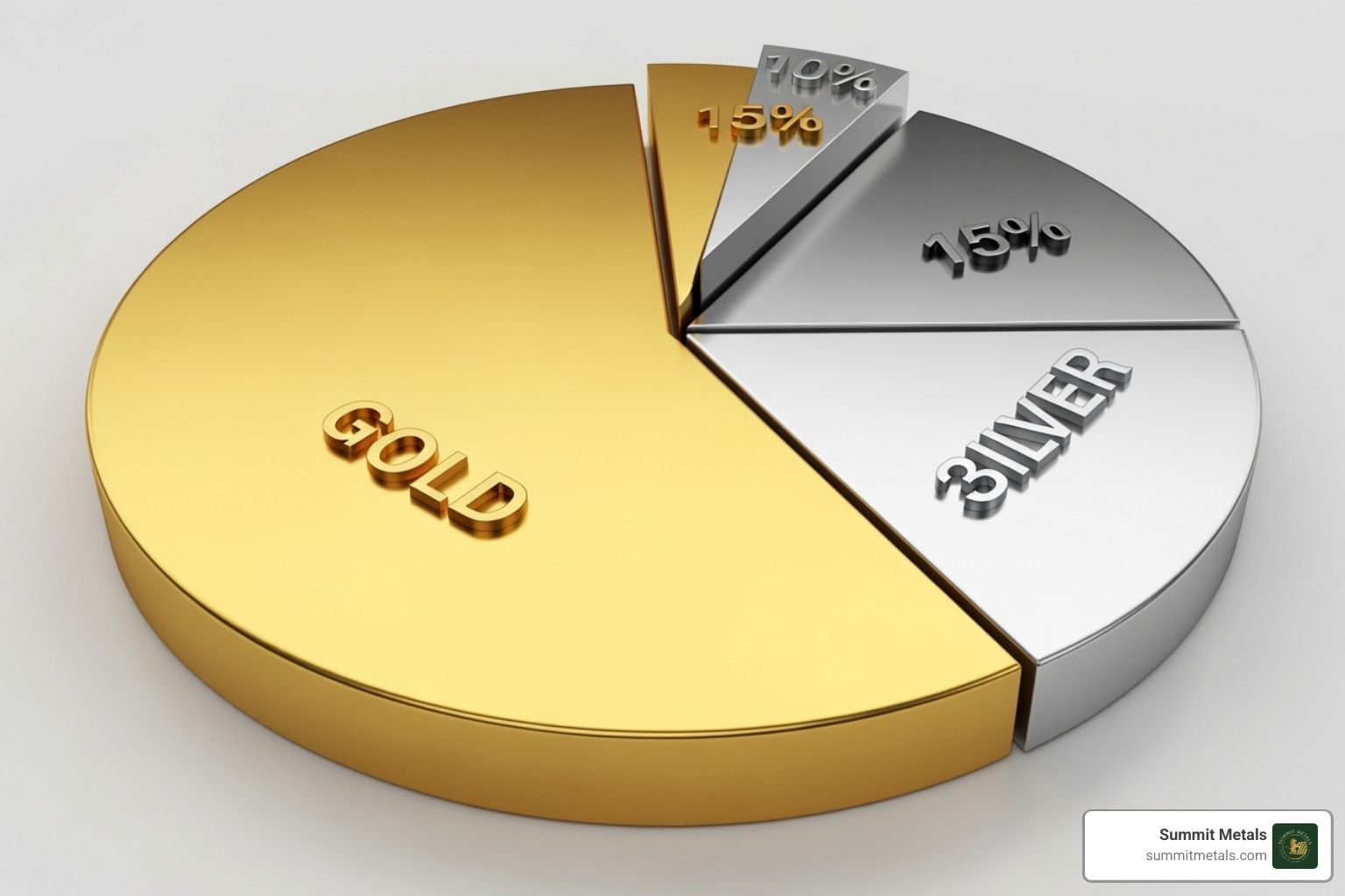 Pie chart showing a sample diversified precious metals portfolio allocation - precious metals portfolio