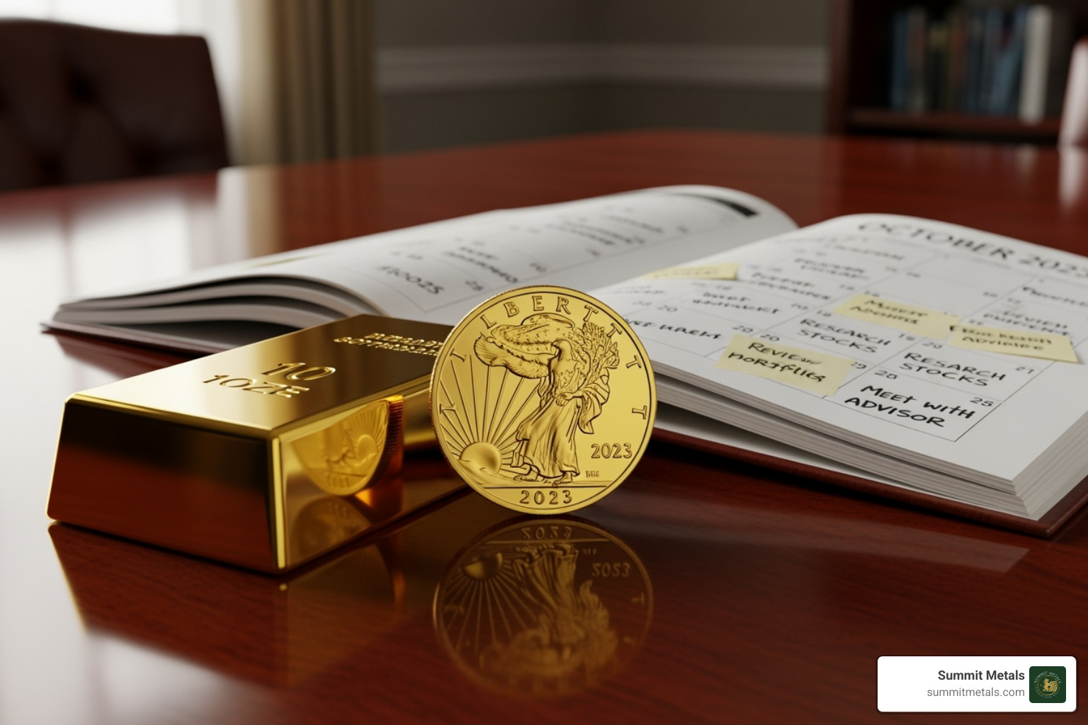 Different investment methods like a physical coin, a gold bar, and a Summit Metals Autoinvest calendar - precious metals portfolio