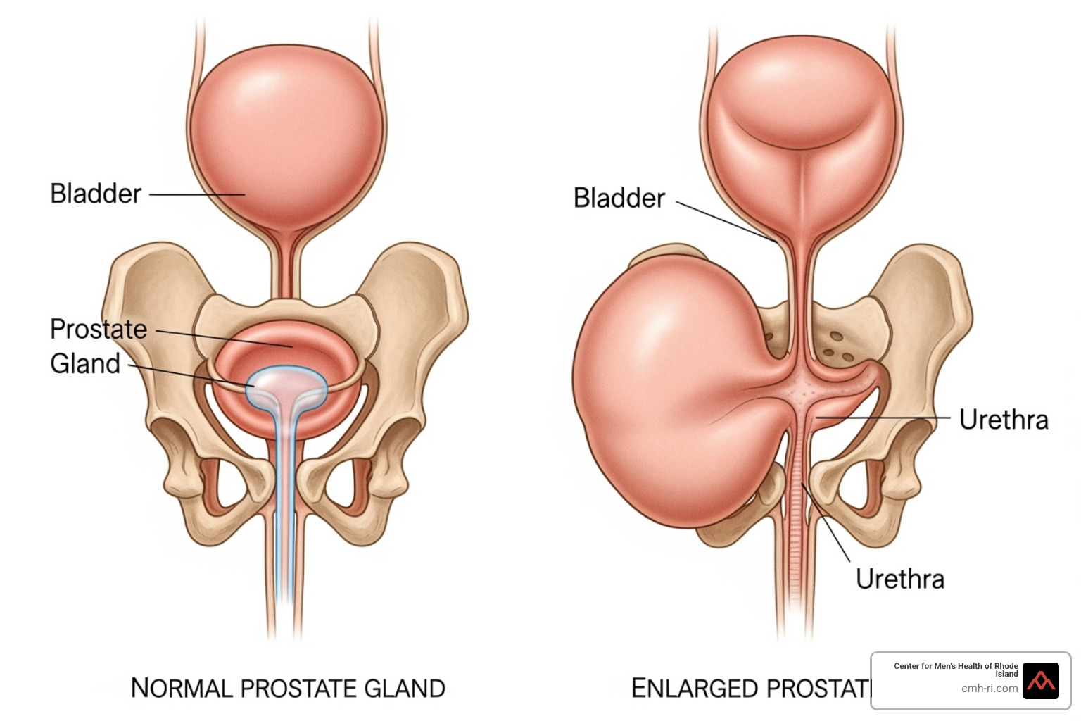 normal prostate vs enlarged prostate compressing urethra - benign prostatic hyperplasia symptoms