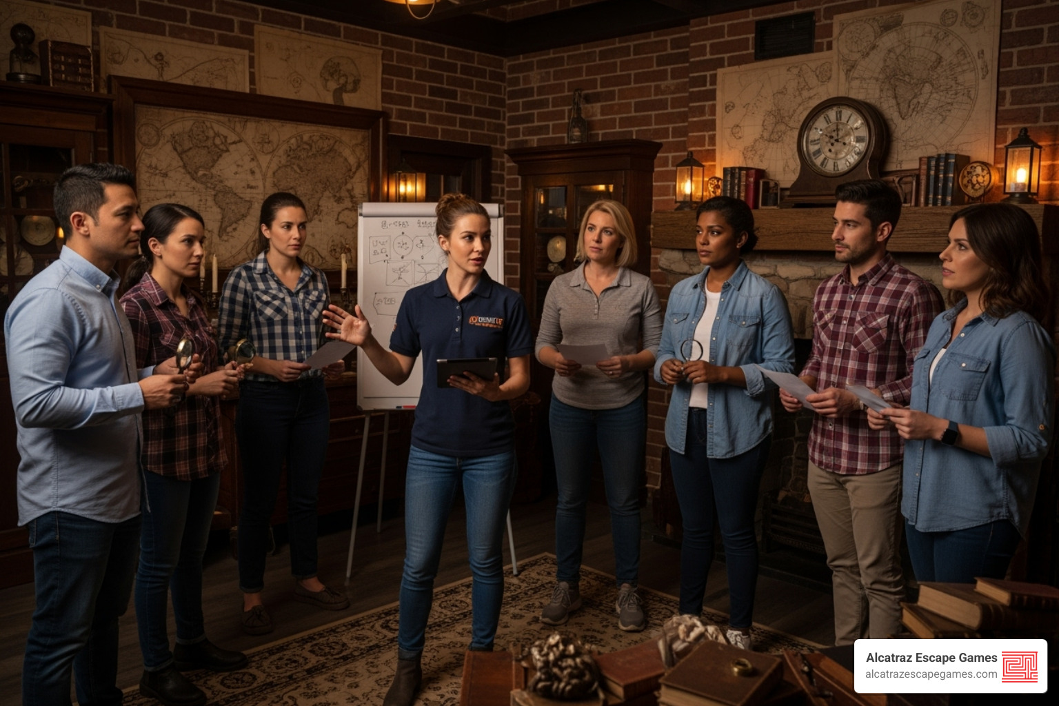 a team leader briefing their group before an escape room event - escape rooms team building
