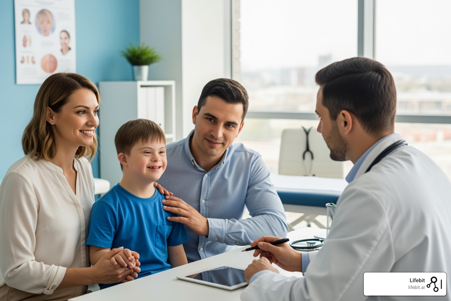 A doctor consulting with a family, including a child with Down syndrome, in a clinical setting - Include Project