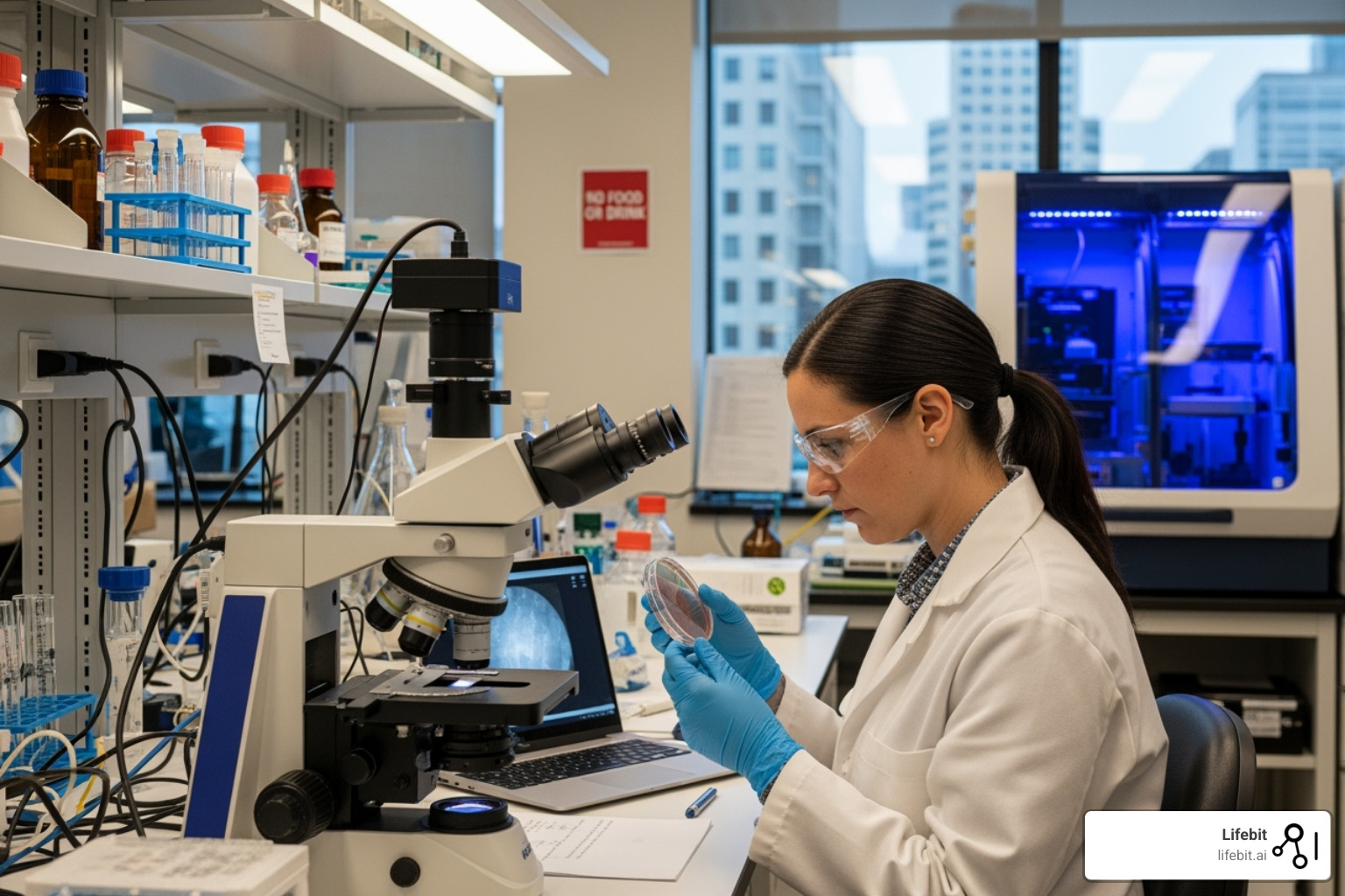A scientist examining samples in a laboratory, with a microscope and genetic sequencing equipment in the background - Include Project