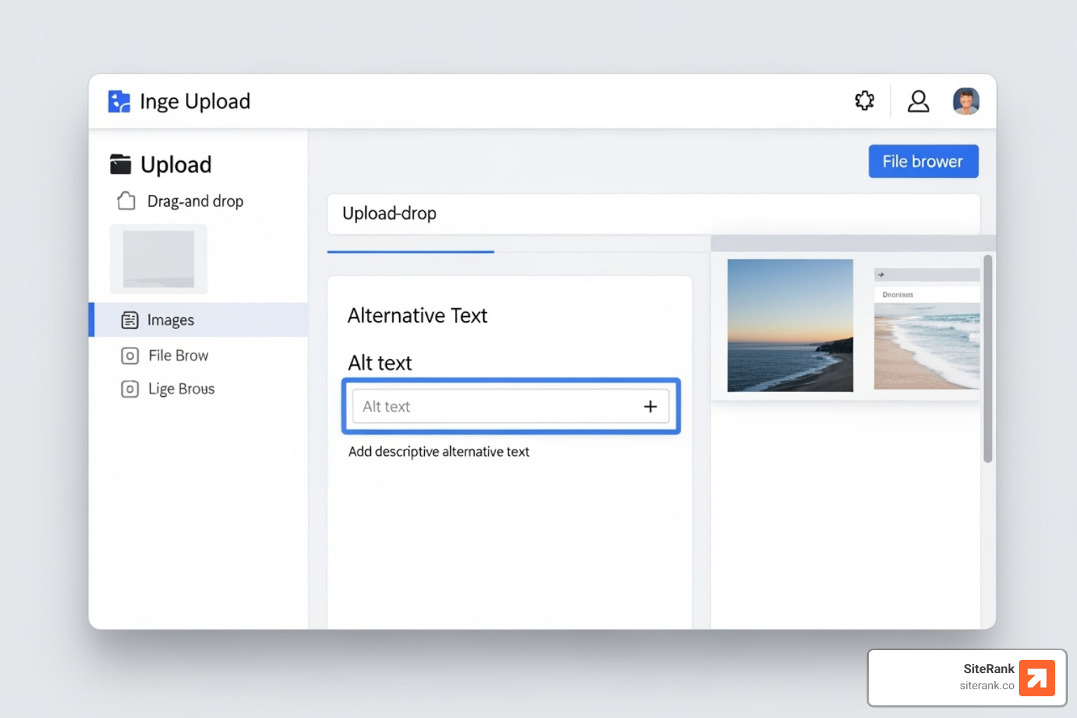 A screenshot of a content management system (CMS) interface showing an image upload field with a highlighted "Alt text" input box, prompting users to add descriptive alternative text - on page seo activities list A screenshot of a content management system (CMS) interface showing an image upload field with a highlighted "Alt text" input box, prompting users to add descriptive alternative text - on page seo activities list