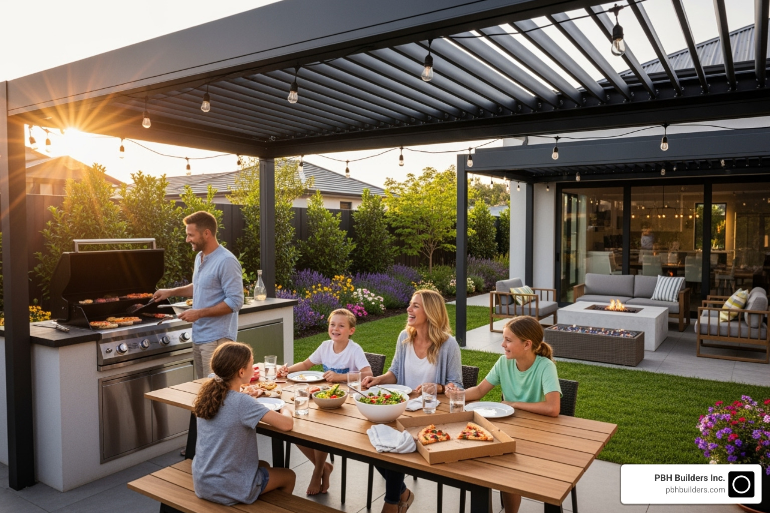 Family enjoying a meal under a stylish, modern pergola - Custom pergola builders