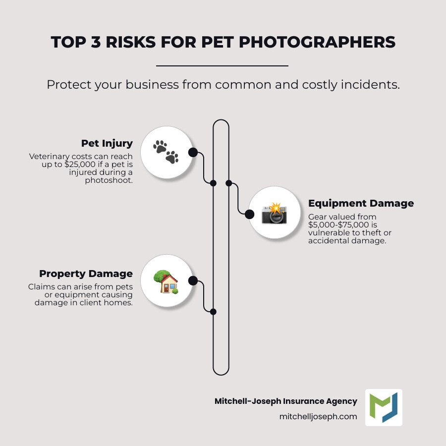Infographic showing the top 3 risks for pet photographers: pet injury with veterinary costs up to $25,000, equipment damage from theft or accidents averaging $5,000-75,000 in gear value, and property damage claims from pets or equipment in client homes - pet photography insurance infographic infographic-line-3-steps-neat_beige Infographic showing the top 3 risks for pet photographers: pet injury with veterinary costs up to $25,000, equipment damage from theft or accidents averaging $5,000-75,000 in gear value, and property damage claims from pets or equipment in client homes - pet photography insurance infographic infographic-line-3-steps-neat_beige