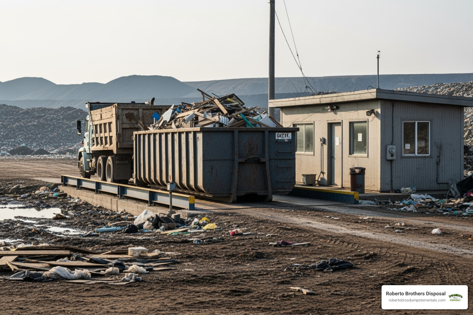 dumpster on a scale at a landfill to illustrate weight - 40 yard dumpster rental