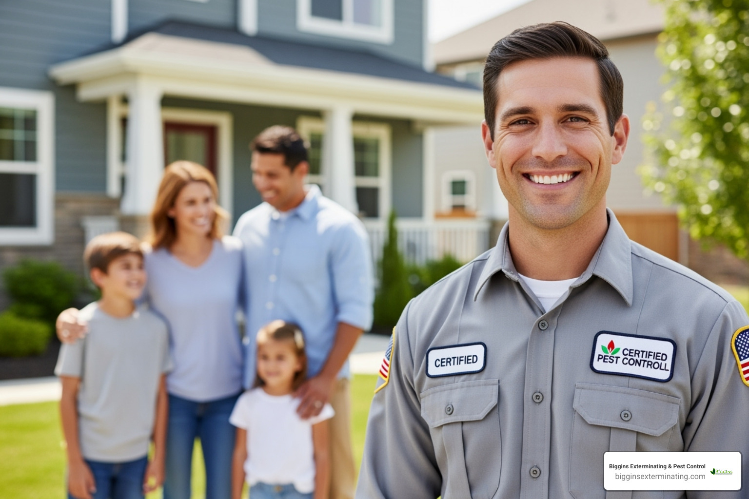 friendly, certified pest control technician with a family in the background - Exterminators Lexington friendly, certified pest control technician with a family in the background - Exterminators Lexington