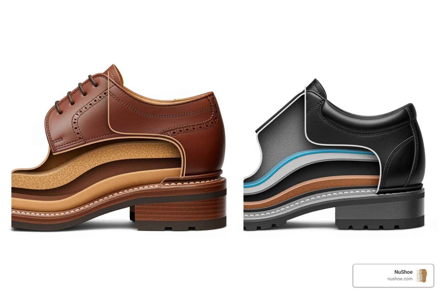 cross-section of Goodyear welted vs cemented shoe - shoe bottom cross-section of Goodyear welted vs cemented shoe - shoe bottom