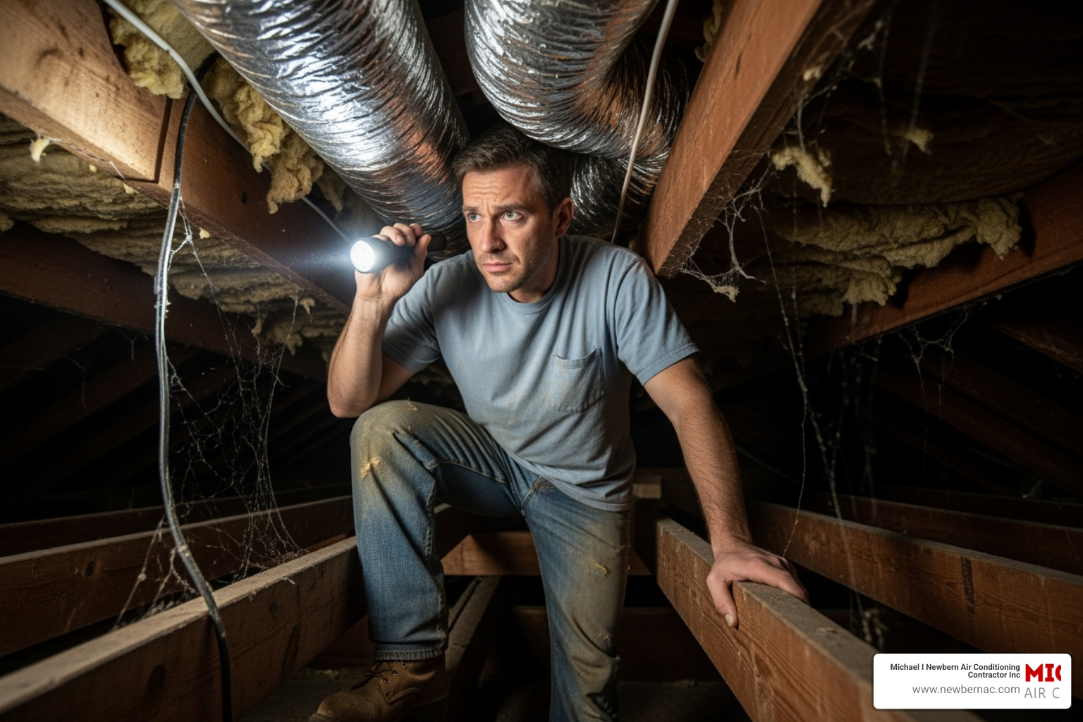 homeowner inspecting accessible ductwork with a flashlight - air duct repair