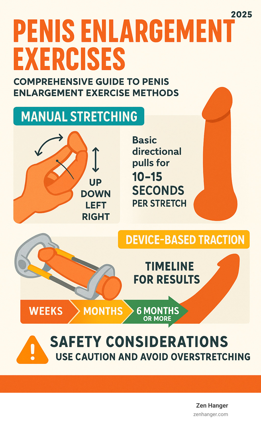 Comprehensive guide to penis enlargement exercise methods showing manual stretching techniques, device-based traction therapy, and expected timeline for results with safety considerations - penis enlargement exercises infographic 