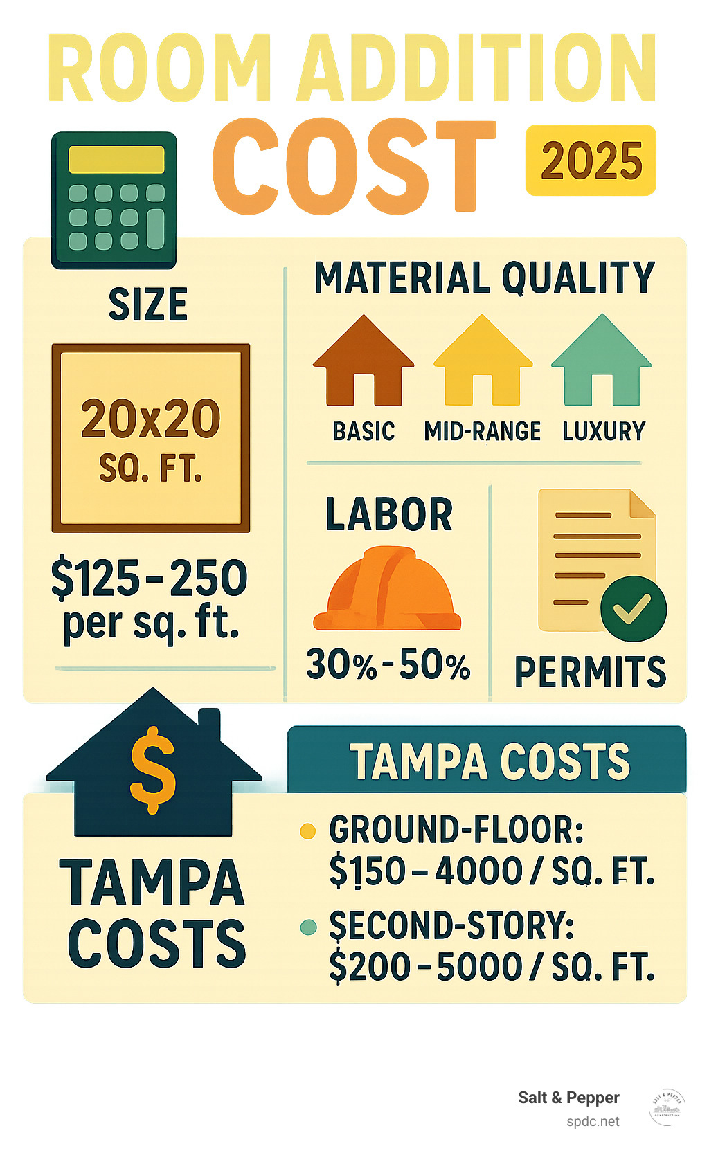 Comprehensive infographic showing room addition cost factors including size calculations, material quality levels from basic to luxury, labor percentages, permit requirements, and Tampa-specific pricing considerations with visual cost breakdowns for different addition types - room addition cost infographic 