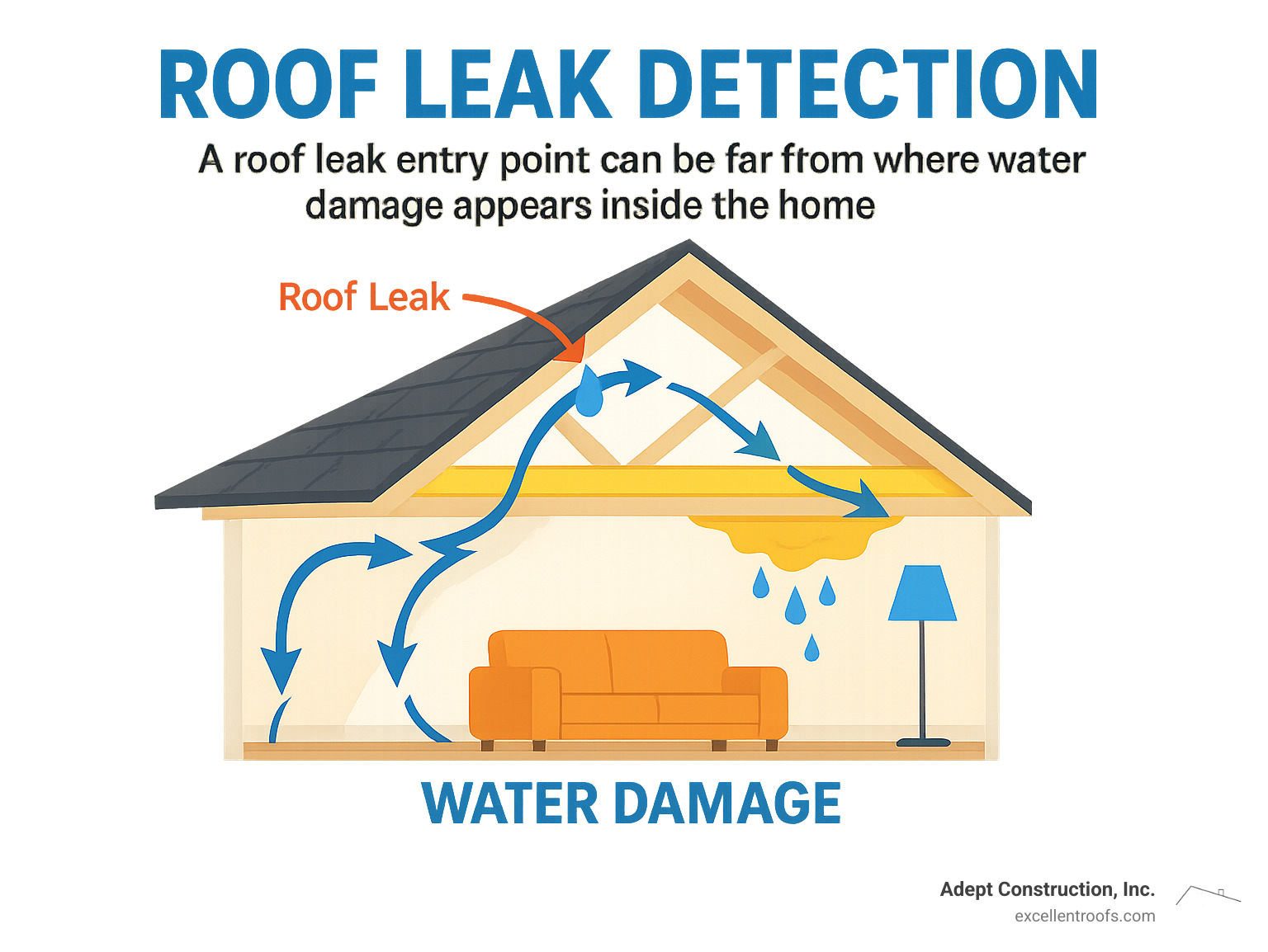 Infographic showing how a roof leak entry point can be located far from where water damage appears inside the home, with arrows indicating water travel paths along roof structures and insulation - Roof leak detection infographic 