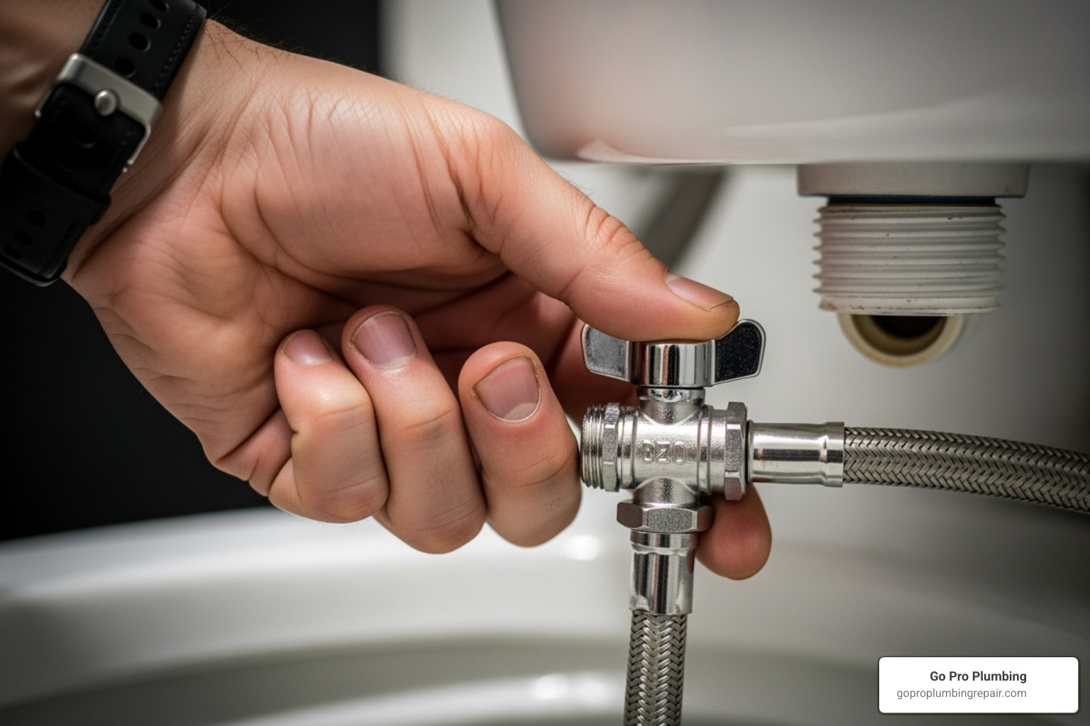 hand turning toilet water supply shut-off valve - removing toilet fill valve