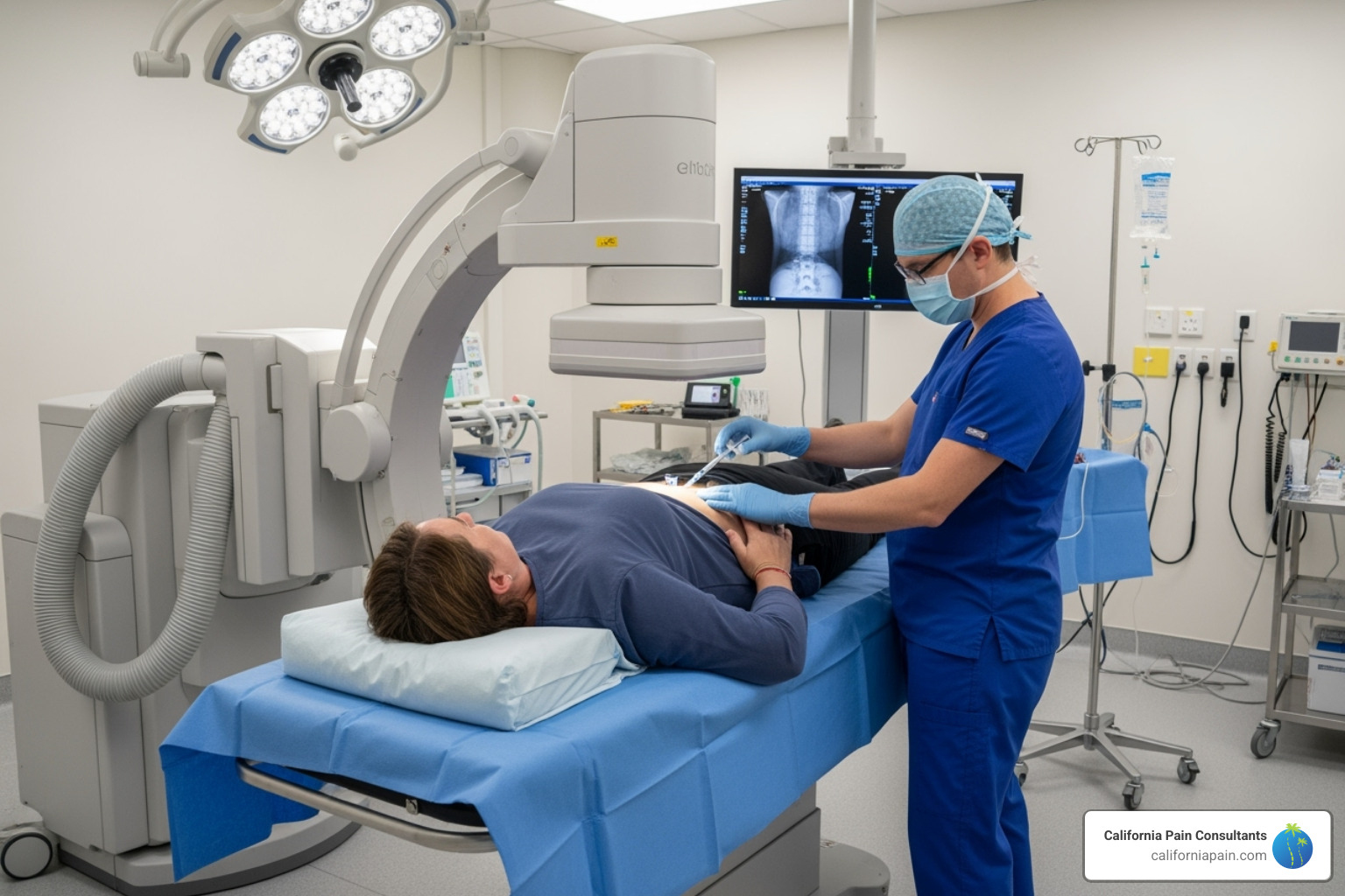 patient in sterile procedure room with C-arm fluoroscope - diagnostic nerve block