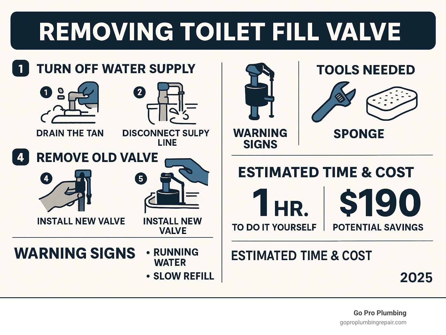 Infographic showing step-by-step toilet fill valve removal process with tools needed, common warning signs of failure, and estimated time and cost savings compared to hiring a plumber - removing toilet fill valve infographic 
