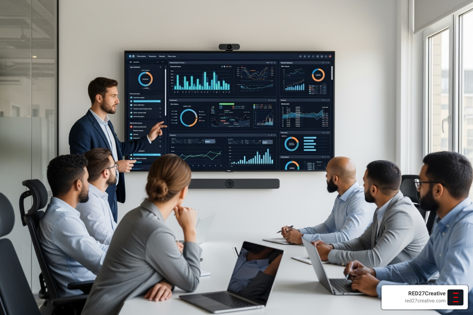 a consultant presenting data analytics on a large screen to a client team - business consulting solutions a consultant presenting data analytics on a large screen to a client team - business consulting solutions