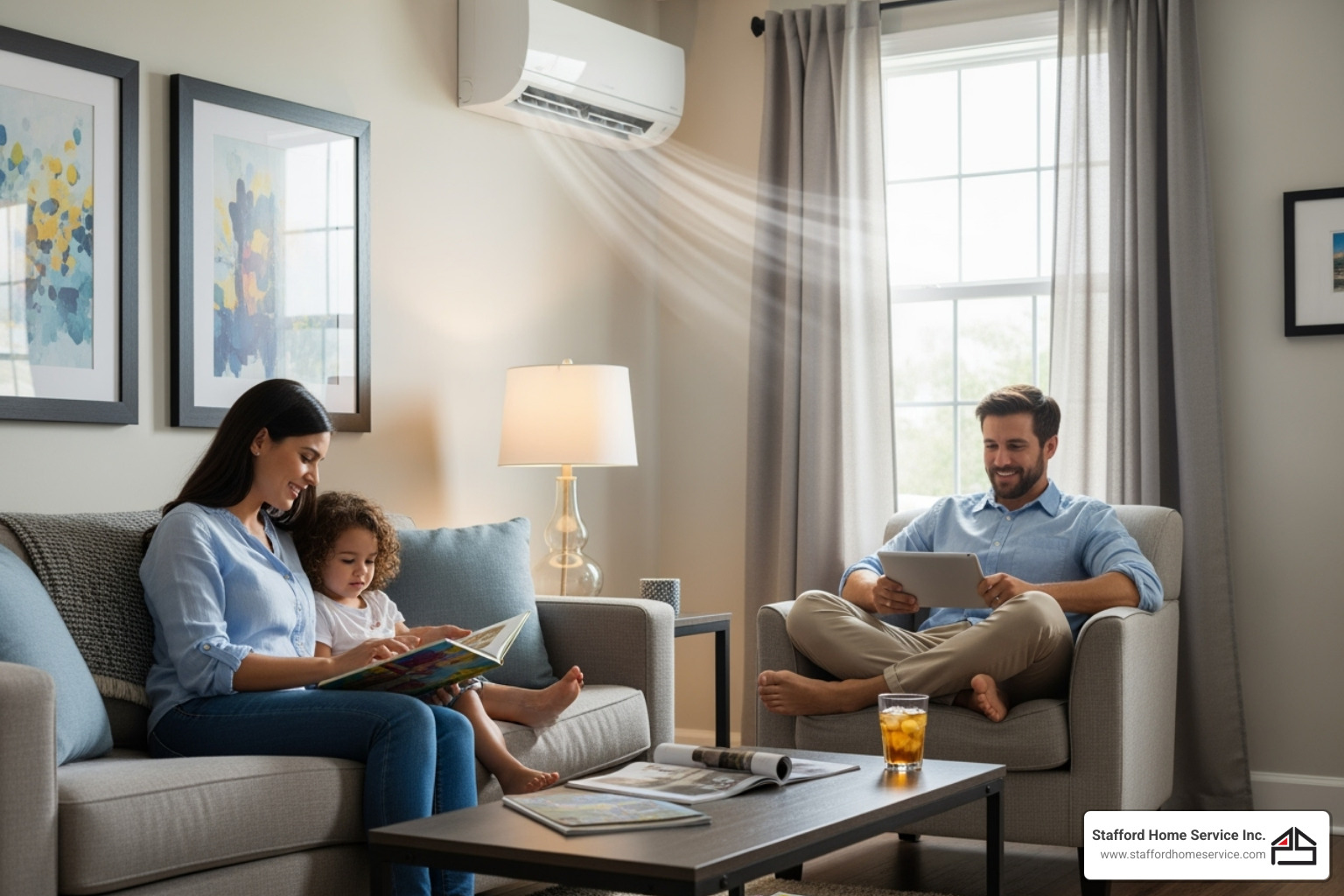 family enjoying a cool room with a ductless unit visible - ductless ac minneapolis