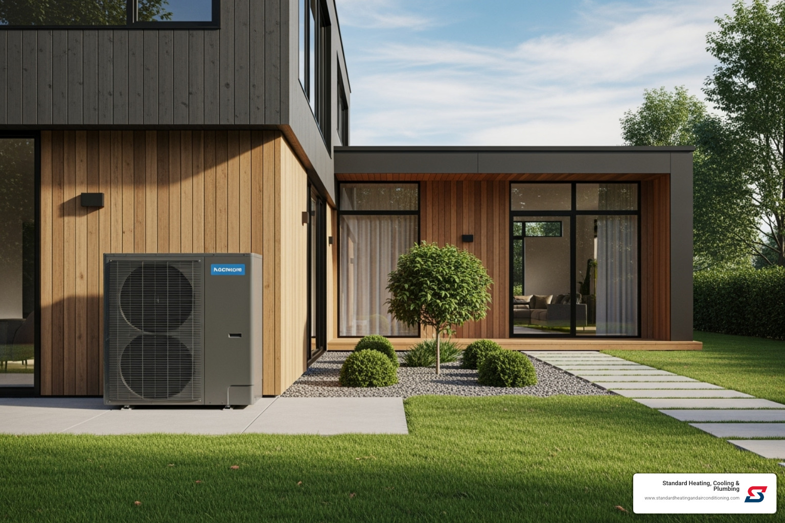 Sleek, modern heat pump unit next to a home - HVAC system upgrade
