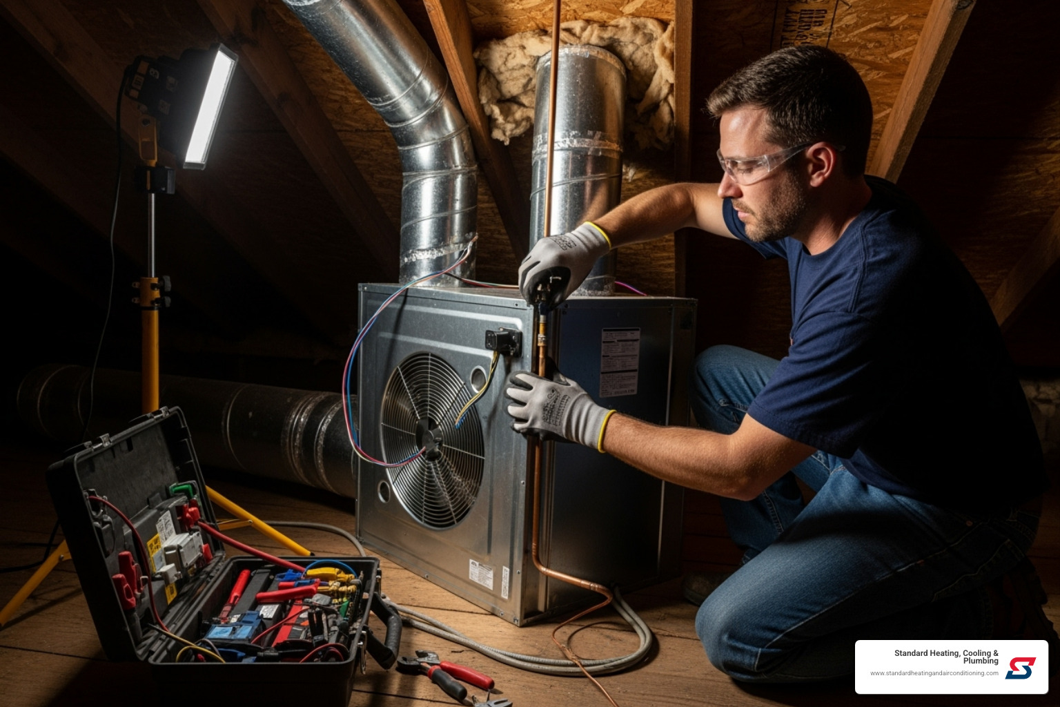 Professional technician carefully installing a new indoor air handler - HVAC system upgrade
