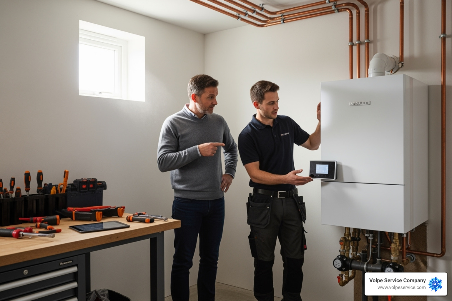 homeowner discussing boiler options with a professional technician in front of a new unit - Boiler replacement service