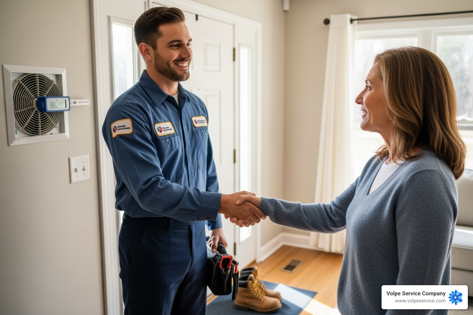 friendly, uniformed technician shaking hands with a satisfied homeowner - Boiler replacement service
