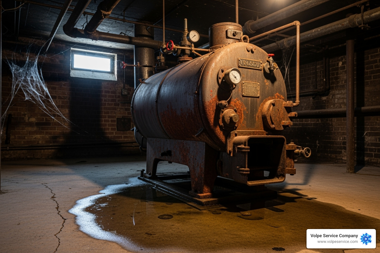 old, slightly rusted boiler with a small puddle of water underneath it - Boiler replacement service
