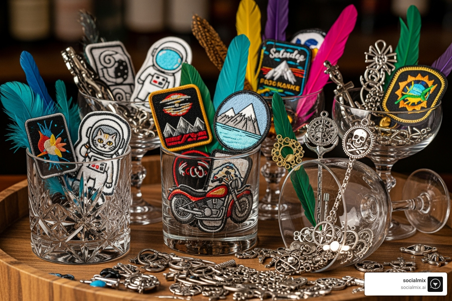 close-up on hat accessories like unique patches, feathers, and metal charms displayed creatively in cocktail glasses and on a bar tray - what is a hat bar