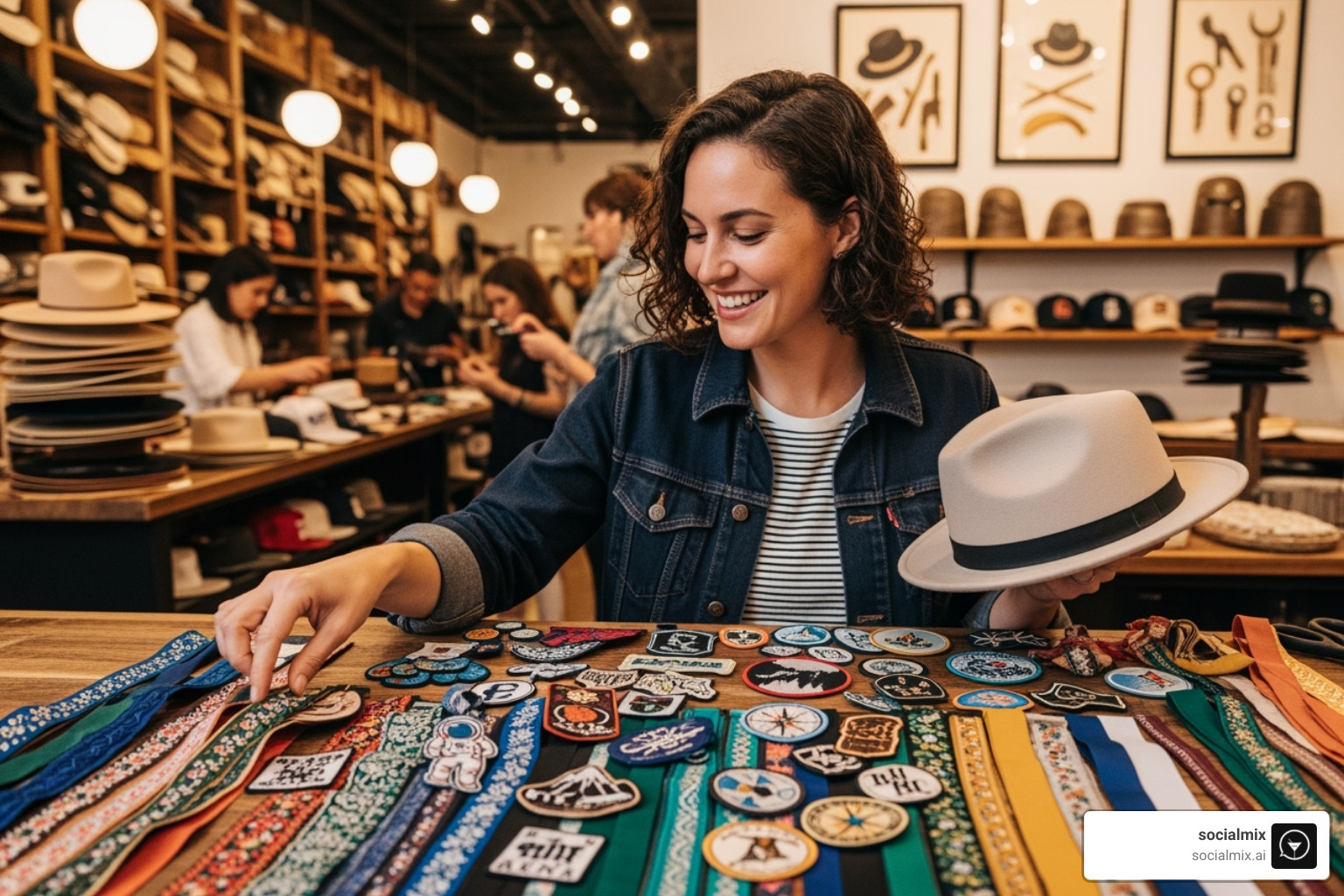 customer at a well-lit hat bar, smiling while choosing from a colorful array of ribbons and patches - what is a hat bar