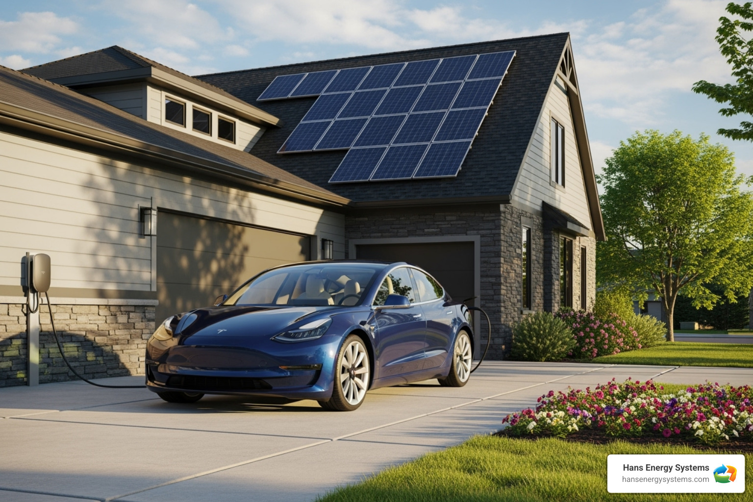 solar panel array on a residential roof next to a charging Tesla - tesla charger install solar panel array on a residential roof next to a charging Tesla - tesla charger install