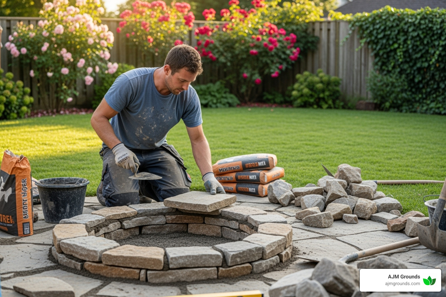 Landscaper building a stone fire pit - Custom Outdoor Firepit Installer