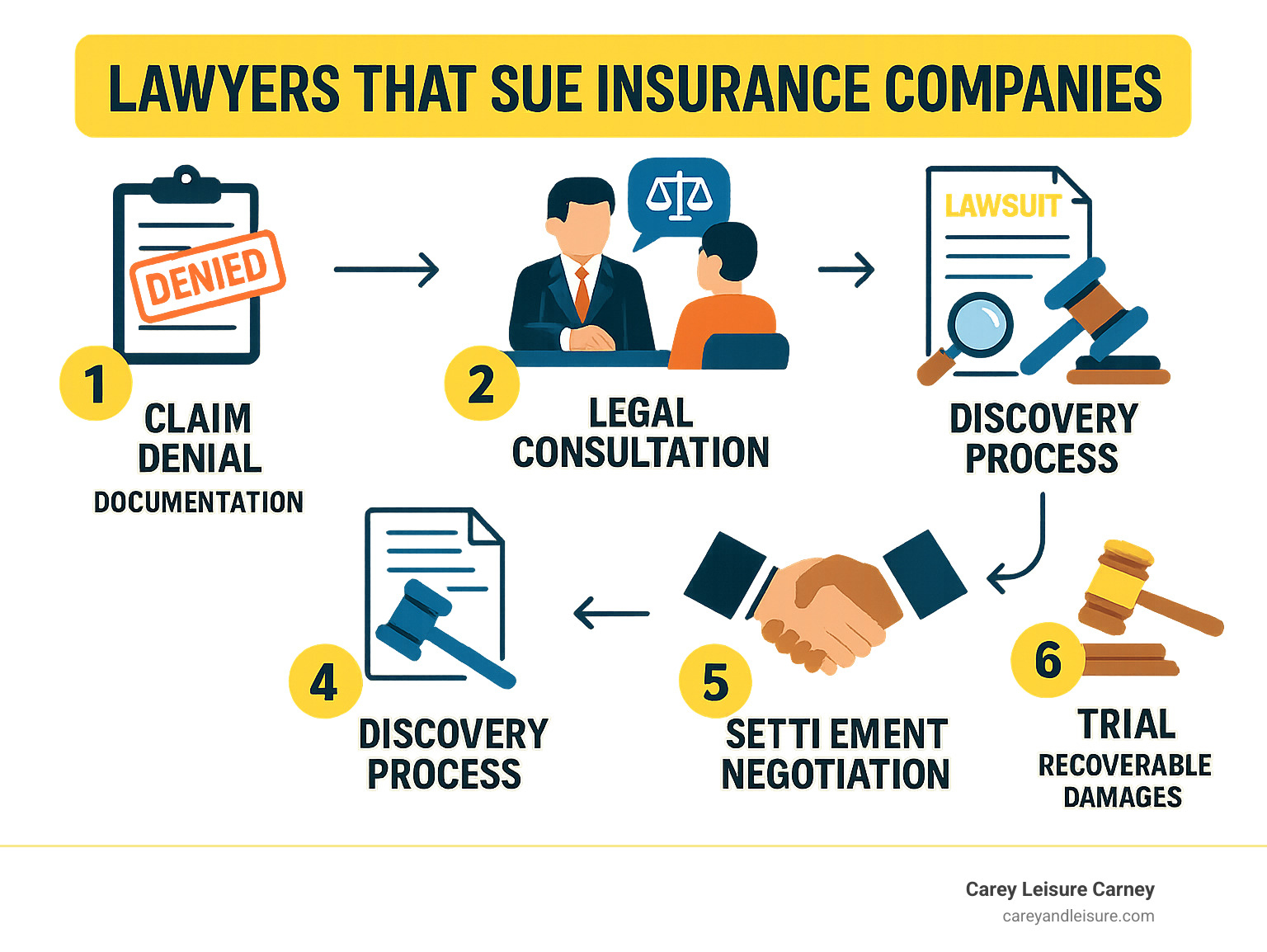 Infographic showing the step-by-step process from insurance claim denial through documentation, legal consultation, filing lawsuit, findy process, settlement negotiation, and potential trial outcome with recoverable damages - lawyers that sue insurance companies infographic Infographic showing the step-by-step process from insurance claim denial through documentation, legal consultation, filing lawsuit, findy process, settlement negotiation, and potential trial outcome with recoverable damages - lawyers that sue insurance companies infographic