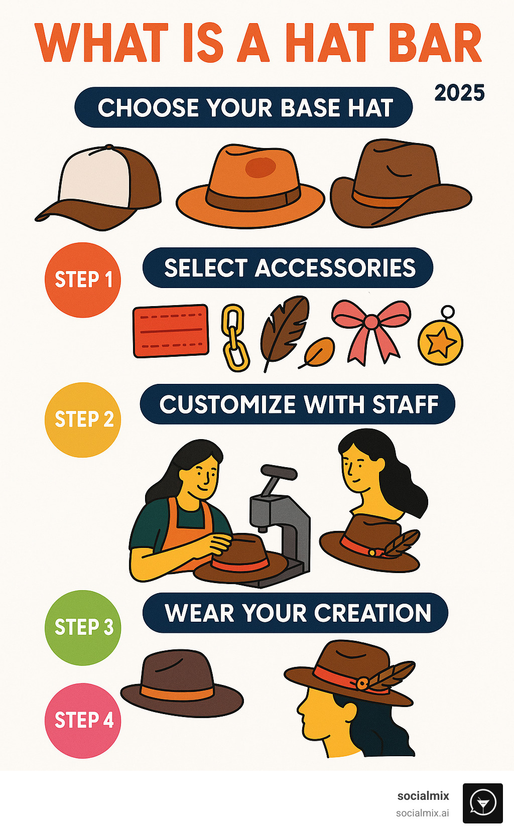 Infographic showing the 4-step hat bar process: Step 1 - Choose your base hat from various styles like trucker, fedora, or cowboy hats; Step 2 - Select accessories including patches, chains, feathers, ribbons, and charms; Step 3 - Customize with staff assistance using heat pressing and assembly techniques; Step 4 - Wear your personalized creation as a unique fashion statement - what is a hat bar infographic 