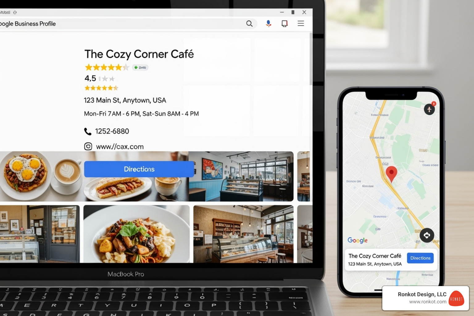laptop screen showing a Google Business Profile next to a smartphone showing the same business on Google Maps - local business marketing strategy laptop screen showing a Google Business Profile next to a smartphone showing the same business on Google Maps - local business marketing strategy