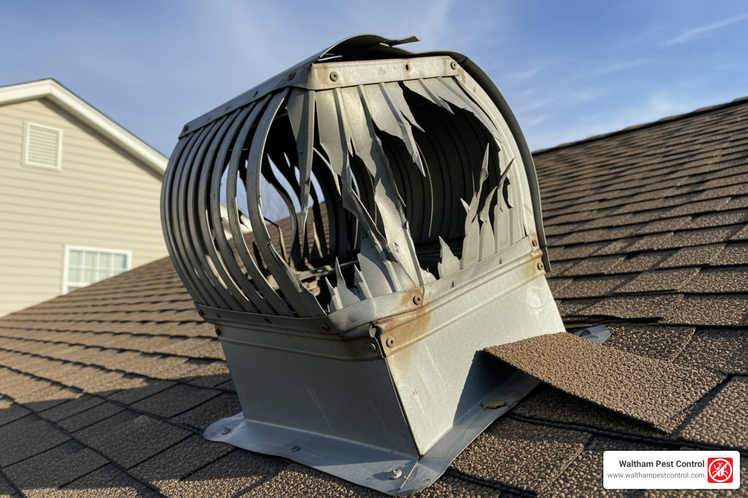 damaged roof vent caused by a raccoon - raccoons on roof at night
