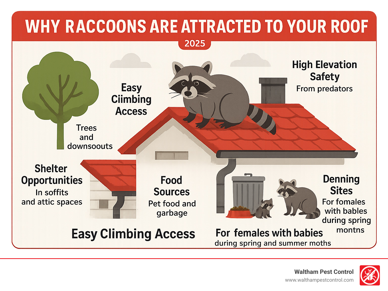 Infographic showing the main reasons raccoons are attracted to residential roofs: easy climbing access via trees and downspouts, high elevation safety from predators, shelter opportunities in soffits and attic spaces, food sources like pet food and garbage, and denning sites for female raccoons with babies during spring and summer months - raccoons on roof at night infographic 