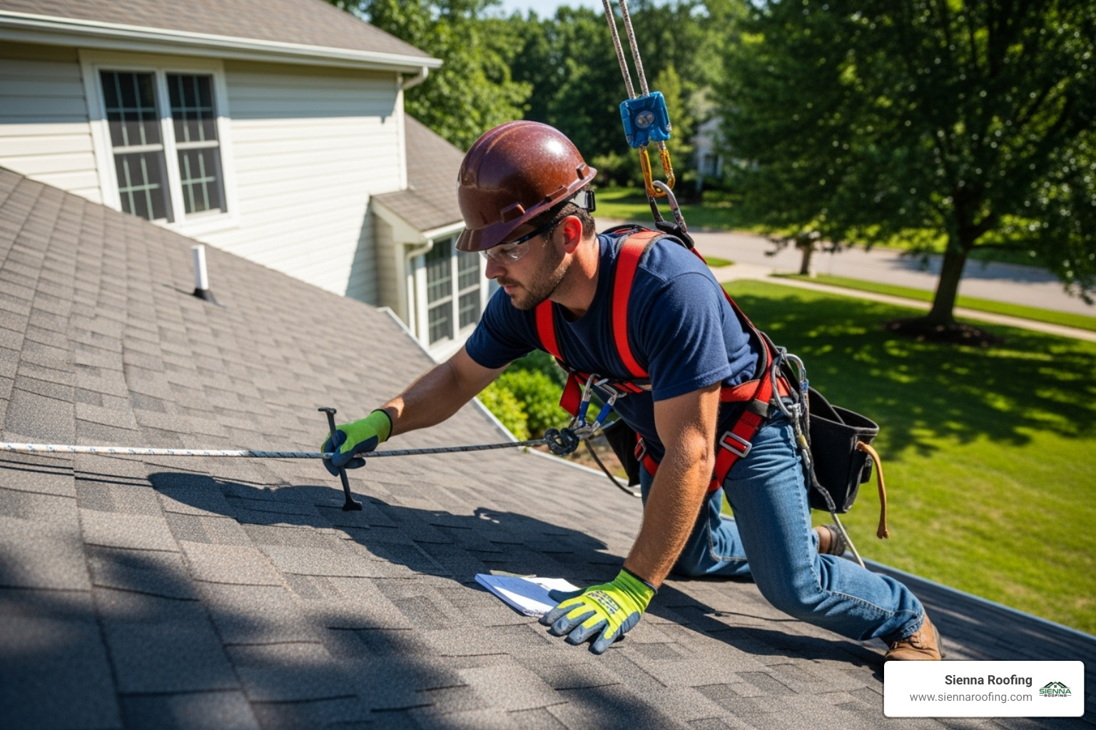 Professional roofer in safety harness inspecting a residential roof with proper equipment - Roof inspection Missouri City