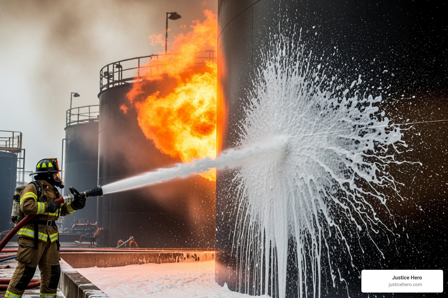 An image demonstrating the "bankshot" foam application technique, showing a foam stream hitting a vertical surface and gently falling onto a fire - fire fighting foam An image demonstrating the "bankshot" foam application technique, showing a foam stream hitting a vertical surface and gently falling onto a fire - fire fighting foam