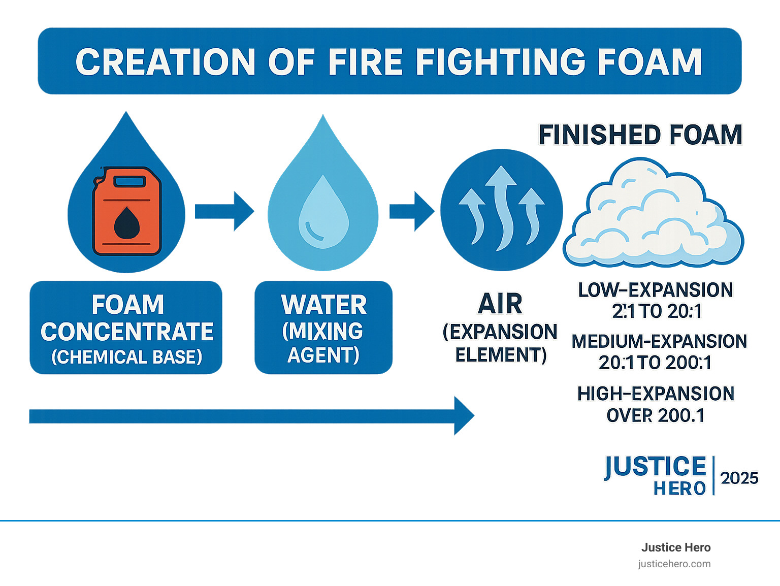 Detailed infographic showing the three components of firefighting foam creation: foam concentrate (chemical base), water (mixing agent), and air (expansion element) combining to create finished foam, with arrows indicating the process flow and expansion ratios for different foam types - fire fighting foam infographic Detailed infographic showing the three components of firefighting foam creation: foam concentrate (chemical base), water (mixing agent), and air (expansion element) combining to create finished foam, with arrows indicating the process flow and expansion ratios for different foam types - fire fighting foam infographic