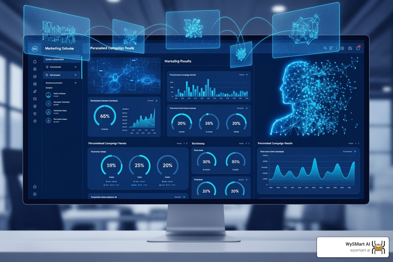 Marketing dashboard showing personalized campaign results with AI overlays - AI driven insights Marketing dashboard showing personalized campaign results with AI overlays - AI driven insights