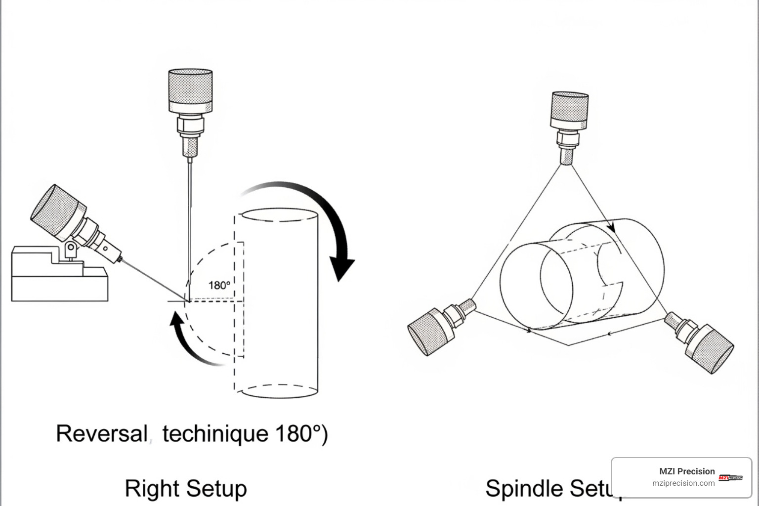 SCHEMATIC COMPARING THE DONALDSON REVERSAL SETUP WITH A SINGLE SENSOR AND REVERSAL, VERSUS A MULTIPROBE SETUP WITH MULTIPLE STATIONARY SENSORS - PRECISION SPINDLE METROLOGY PDF