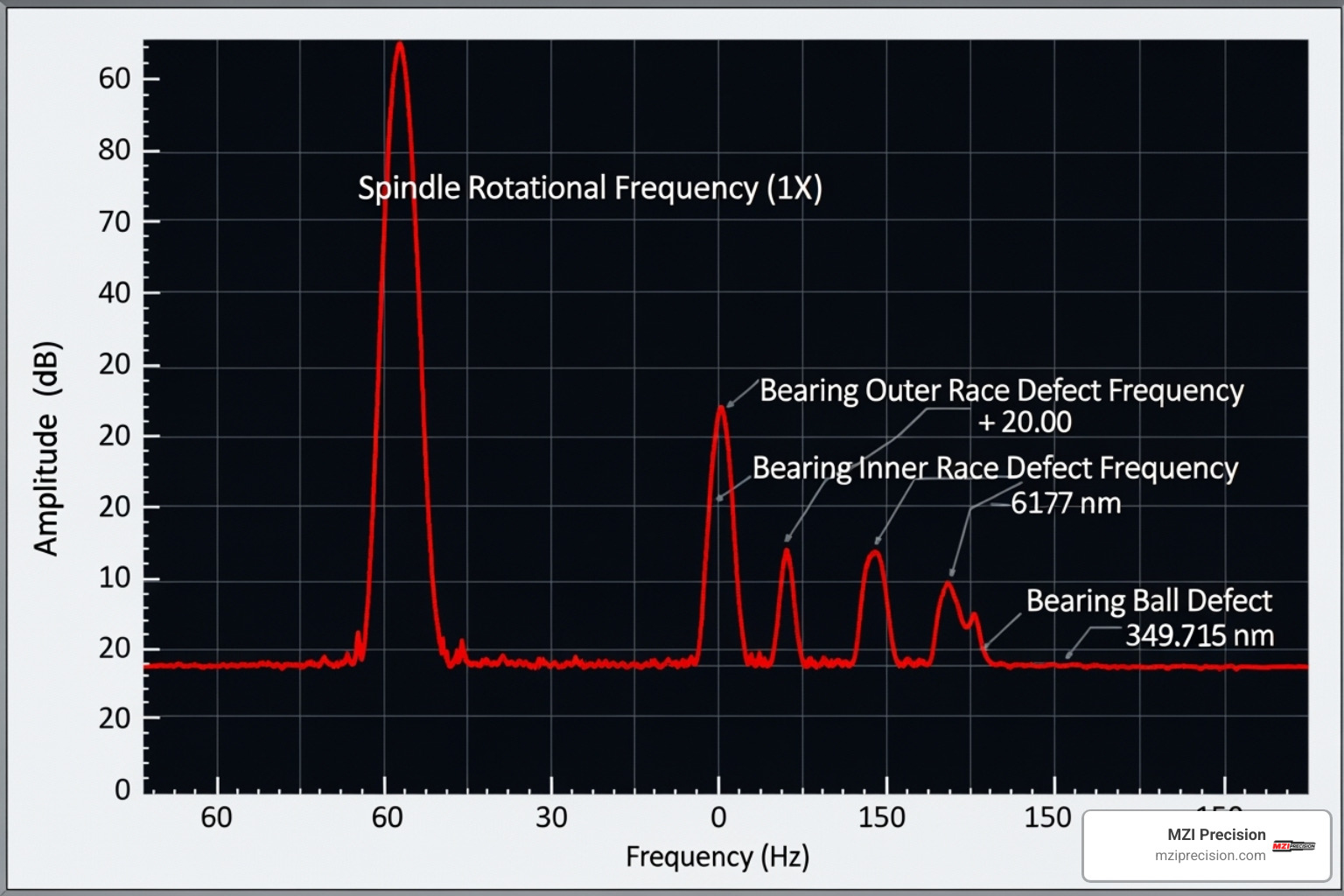AN FFT ANALYSIS GRAPH SHOWING AMPLITUDE VERSUS FREQUENCY, WITH DISTINCT PEAKS INDICATING SPECIFIC BEARING DEFECT FREQUENCIES AND THE SPINDLE'S ROTATIONAL FREQUENCY - PRECISION SPINDLE METROLOGY PDF